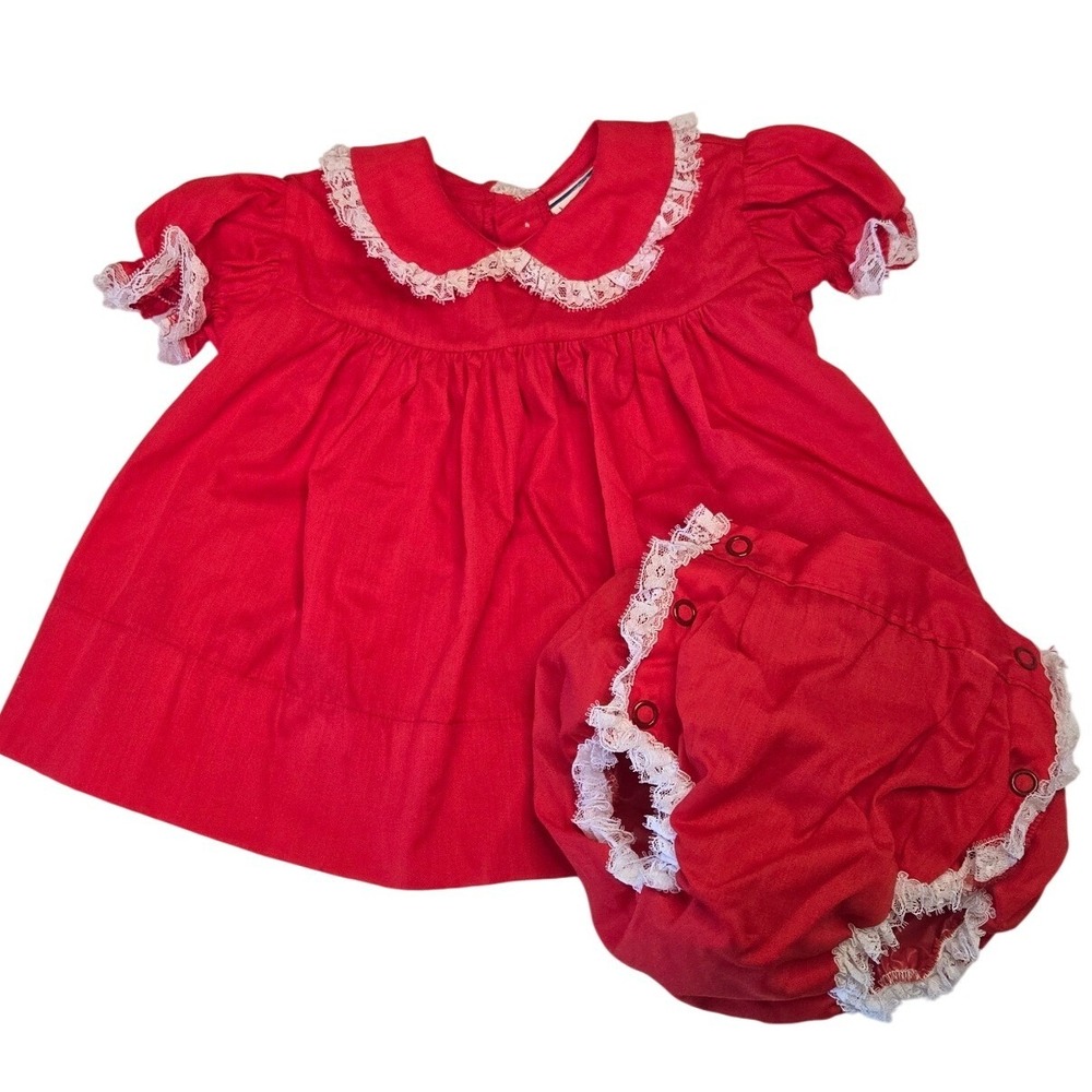 Vintage Bryan Baby Girl Red Lace Dress Bloomers Set Size S G155 Holiday